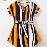 Girls Color Block Vertical Striped Short Sleeve Notch Neck Curved Hem Dress With Belt Kids Summer Clothes