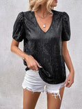 woloong Split-Joint Shiny Sequined Short Sleeves Loose V-Neck T-Shirts