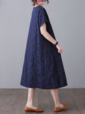 woloong Original Solid Jacquard Short Sleeve Midi Dress