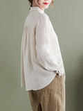 woloong Vintage Long Sleeves Loose Embroidered Lapel Collar Blouses&Shirts Tops