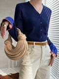 woloong Split-Joint Contrast Color Buttoned Long Sleeves Flared Sleeves V-Neck Cardigan Tops