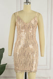woloong - Apricot Sexy Solid Tassel Sequins Patchwork Spaghetti Strap Sling Dress Dresses