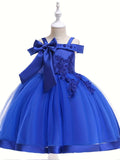 Elegant Girls' Embroidery Cold Shoulder Bow Tutu Dress Kids Clothes Gift Christmas