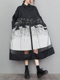 woloong Split-Joint Printed Gauze Buttoned Loose Long Sleeves Lapel Midi Dresses