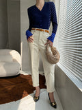 woloong Split-Joint Contrast Color Buttoned Long Sleeves Flared Sleeves V-Neck Cardigan Tops