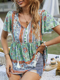 woloong Tied Tasseled Split-Joint Flower Print Buttoned Short Sleeves Loose V-Neck T-Shirts Tops
