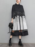 woloong Split-Joint Printed Gauze Buttoned Loose Long Sleeves Lapel Midi Dresses