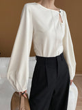 woloong Solid Color Belly-Hollow Asymmetric Puff Sleeves Loose Round-Neck Blouses&Shirts Tops