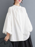 woloong Solid Color Pleated Hollow Buttoned Puff Sleeves Nine-Minute Sleeve Round-Neck Blouses&Shirts Tops