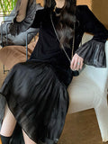 woloong Split-Joint Pleated Mermaid Loose Round-Neck Midi Dresses