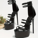 Ultra High Heel Stiletto Sandals - Zipper Closure, Solid Color, Faux Leather, Superfine Fiber Insole, Rubber Sole, Open Toe, Europe and America Style - Perfect for Nightclub Party and Summer Outings