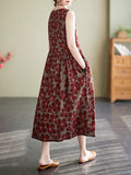 woloong Floral Printed Drawstring Sleeveless Oversize Round-neck Midi Dresses