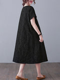 woloong Original Solid Jacquard Short Sleeve Midi Dress