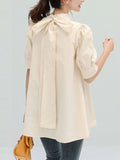 woloong Solid Color Pleated Bowknot Loose Half Sleeves Mock Neck Blouses&Shirts Tops