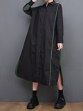 woloong Split-Side Split-Joint Buttoned Asymmetric Loose Long Sleeves Lapel Shirt Dress Midi Dresses