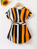 Girls Color Block Vertical Striped Short Sleeve Notch Neck Curved Hem Dress With Belt Kids Summer Clothes