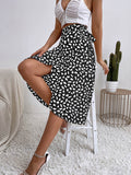 woloong Tied Waist Split-Front Printed Loose High-Low Skirts Bottoms