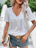 woloong Split-Joint Shiny Sequined Short Sleeves Loose V-Neck T-Shirts