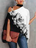 woloong Flower Print Chains Asymmetric Short Sleeves Loose Halter-Neck Blouses&shirts Tops