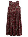 woloong Floral Printed Drawstring Sleeveless Oversize Round-neck Midi Dresses