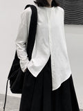 woloong Split-Joint Split-Front Solid Color Asymmetric Loose Long Sleeves Round-Neck T-Shirts