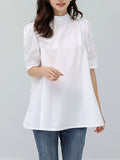 woloong Solid Color Pleated Bowknot Loose Half Sleeves Mock Neck Blouses&Shirts Tops