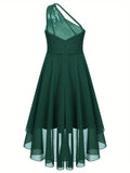 Knee High Elegant One-Shoulder Chiffon Fit and Flare Dress for Girls - Shimmering Rhinestone, Medium Stretch, Sleeveless, Pleated Hem, Solid Color, Hand Wash - Perfect for Junior Bridesmaid, Wedding, Pageant, and Party Occasions