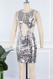 woloong - Silver Sexy Solid Hollowed Out Patchwork Strap Design Reflective O Neck One Step Skirt Dresses
