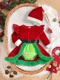 Baby's Christmas Style Elegant Long Sleeve Fuzzy Trim Romper Dress + Hat + Belt, Toddler & Infant Girl's Outdoor Clothing