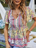 woloong Tied Tasseled Split-Joint Flower Print Buttoned Short Sleeves Loose V-Neck T-Shirts Tops