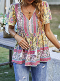 woloong Tied Tasseled Split-Joint Flower Print Buttoned Short Sleeves Loose V-Neck T-Shirts Tops