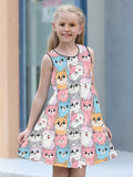 Charming Cat Print Girls' Sleeveless Dress - Soft, Breathable Fabric - Perfect for Summer Playdates & Casual Outings