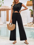 woloong Tied Solid Color Knot Hollow Backless Wide Pants Sleeveless Round-Neck Jumpsuits