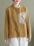 woloong Vintage Long Sleeves Loose Embroidered Lapel Collar Blouses&Shirts Tops