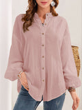 woloong Buttoned Loose Long Sleeves Mock Neck Blouses&Shirts Tops