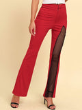 woloong Zipper Split-Joint Mesh Asymmetric High Waisted Pants Flared Trousers