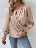 woloong Solid Color Elasticity Loose Long Sleeves V-Neck Blouses&Shirts Tops