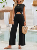 woloong Tied Solid Color Knot Hollow Backless Wide Pants Sleeveless Round-Neck Jumpsuits