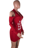 woloong - Red Fashion Casual Letter Print Hollowed Out Hooded Collar Long Sleeve Dresses
