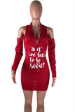 woloong - Red Fashion Casual Letter Print Hollowed Out Hooded Collar Long Sleeve Dresses