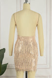 woloong - Apricot Sexy Solid Tassel Sequins Patchwork Spaghetti Strap Sling Dress Dresses