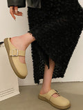 woloong Split-Joint Shallow Cut Round-Toe Belt Buckle Slippers&Mules Platform Shoes
