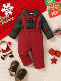 2PCS Christmas Baby Boy's Plaid Long Sleeve Collared Onesie & Suspender Pants, Cute Little Gentleman Two-Piece Outfit, Outdoor Cloth