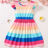 Girls Trendy Contrast Stripe Ruched Sleeve Tunic Dress - Adorable Casual Wear for Playful Styling - Soft & Comfortable Everyday Dress