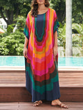 woloong Sun Protection Printed Contrast Color Short Sleeves Loose Round-Neck Maxi Dresses