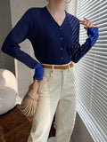 woloong Split-Joint Contrast Color Buttoned Long Sleeves Flared Sleeves V-Neck Cardigan Tops