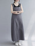 woloong Casual Solid Color With Pocket Suspender Dress