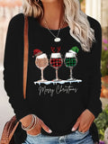 Women's Festive Christmas Wine Glass & Letter Print Long Sleeve T-Shirt - Casual Crew Neck, Polyester, Machine Washable