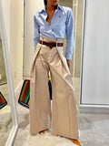 woloong High Waisted Loose Pleated Solid Color Split-Joint Pants Trousers