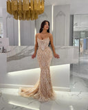 Champagne Mermaid Evening Dresses Pearls Straps Formal Prom Dress Beading Lace Dubai Arabic Red Carpet Gown Robe De Soiree 0515